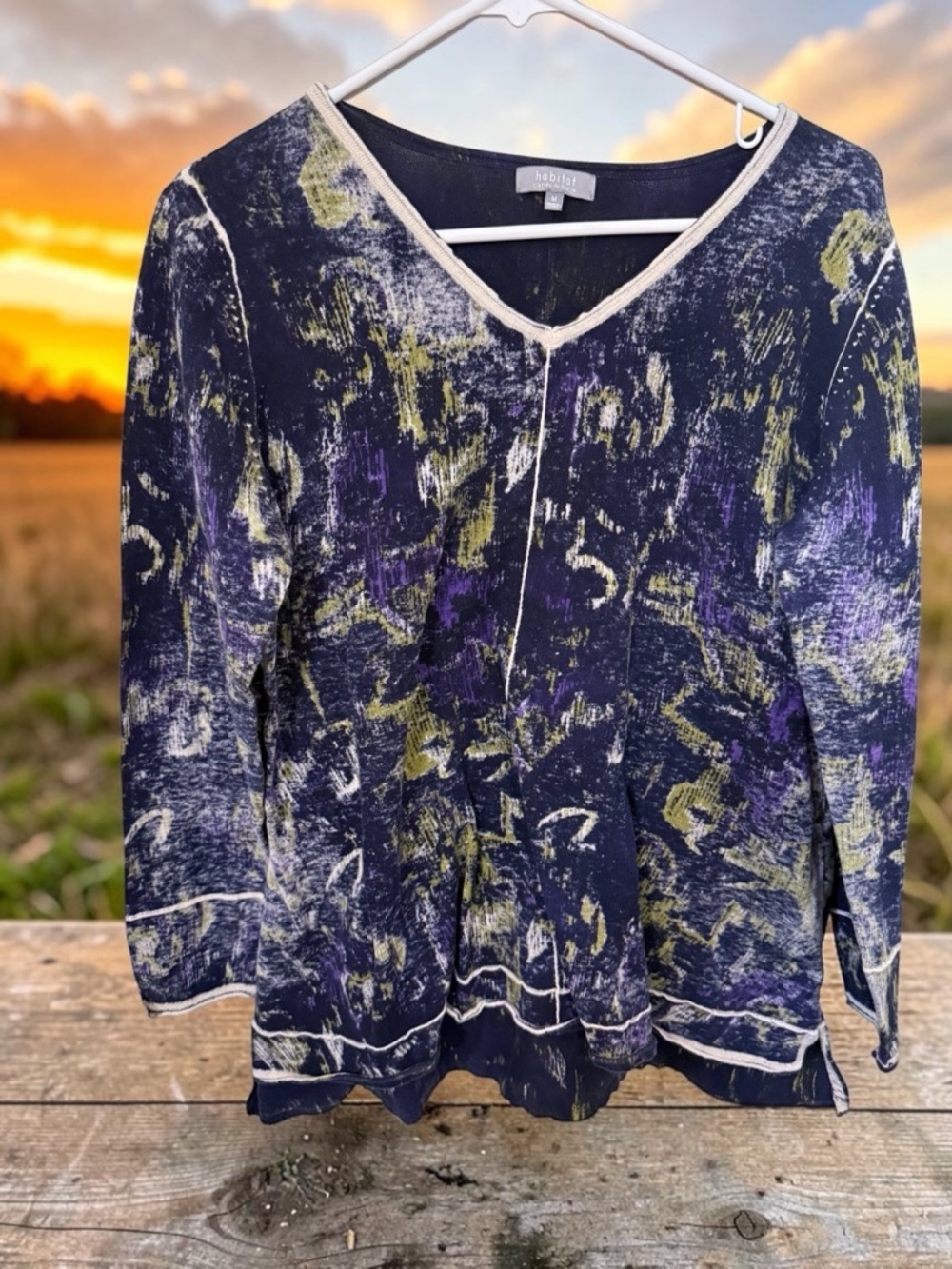 Habitat Purple and Green Abstract Print V-Neck Blouse